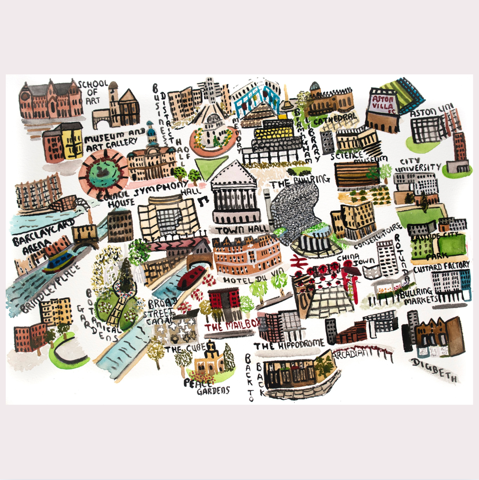 Map of a city with various landmarks and buildings illustrated on a white background