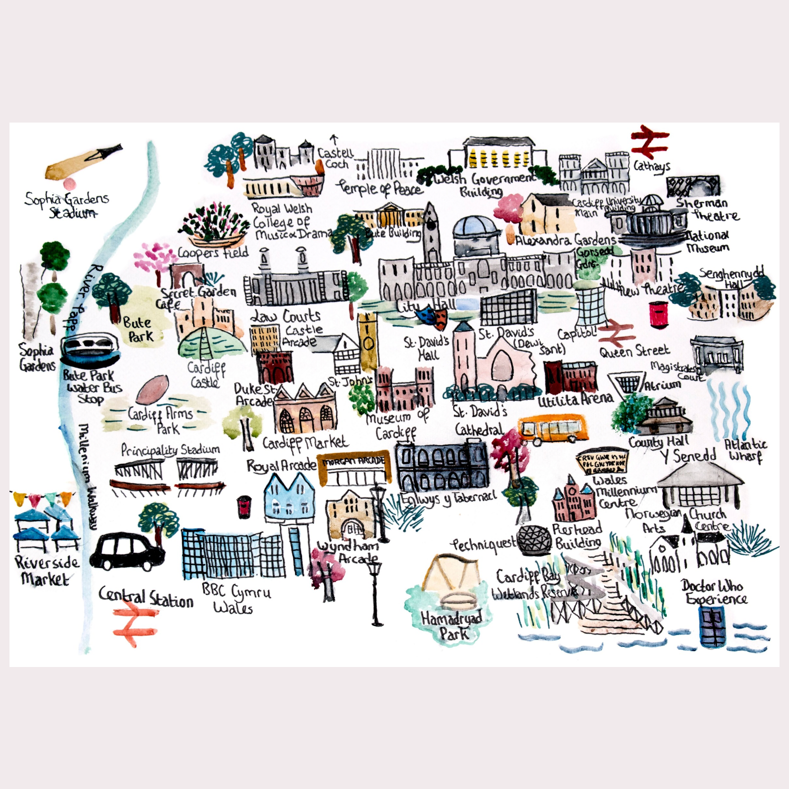 Illustrated map of a city with various landmarks and buildings